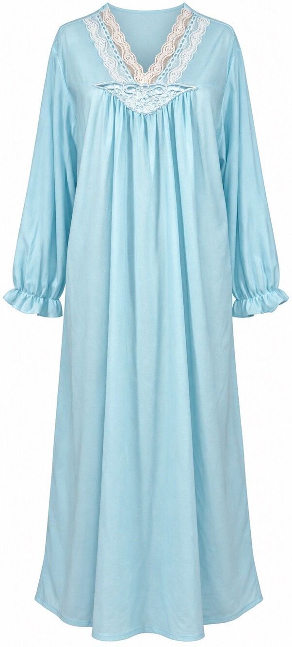 Vintage Quiet Moments Nightgown Womens L Blue Lace Long Sleeve USA Cottagecore